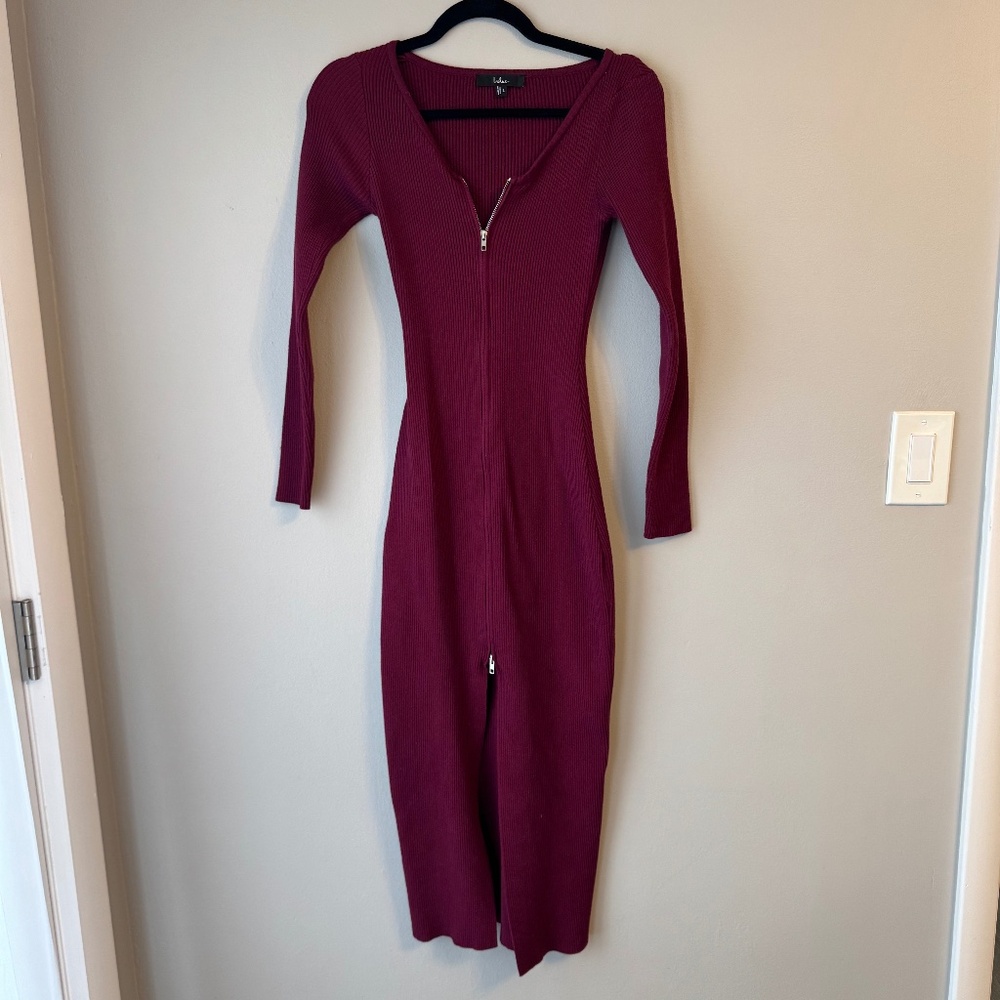 Lulu’s ‘Snuggly Sweetness’ Plum Ribbed Zip-Front Sweater Midi Dress size Small